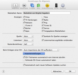 Einstellungen Allgemein in iTunes