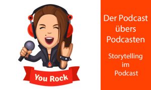 Frau mit Mikro und Titel des Podcasts