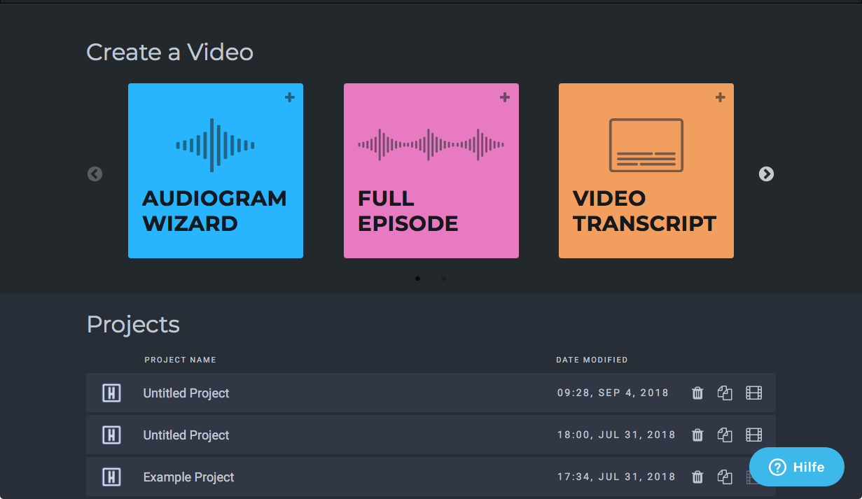 Startseite im Account von Headliner mit Ansicht Button für Audiogram,, ganzer Podcast-Episode oder Video-Transkript