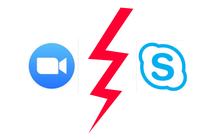 Logo Zoom und Logo Skype stehen nebneinander und werden von einem roten Blitz getrennt