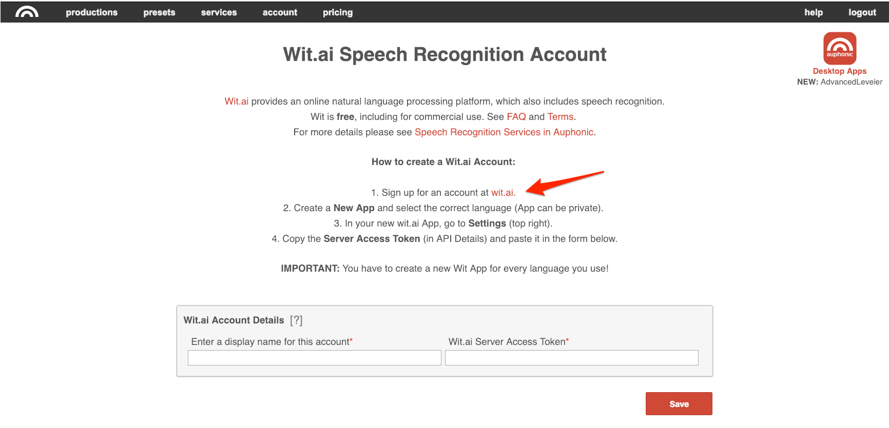 Wit.ai Speech Recognition Account in Auphonic