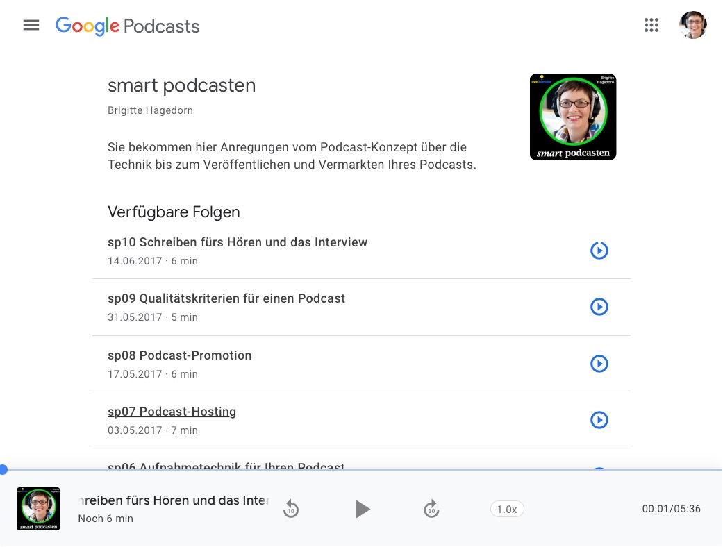 Ansicht smart Podcasten Brigitte Hagedorn bei Google Podcasts