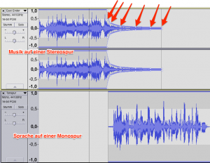 2 tonspuren in audacity mit Markierungspunkten hüllkurvenwerkzeug
