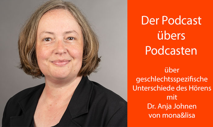 Porträt Dr. Anja Johnen daneben Text: Der Podcast übers Podcasten über geschelechtsspezifische Unterschiede beim Hören mit Anja Johnen von mona&lisa