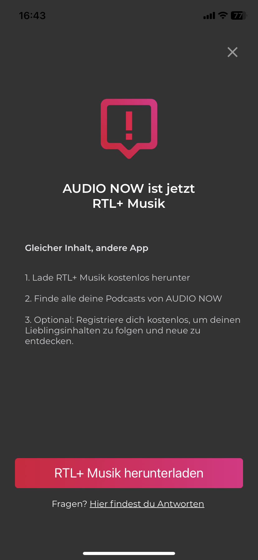 Screenshot iPhone: AUDIO NOW ist jetzt RTL+ Musik