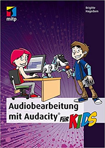 Buchcover: Audacity - Praxiswissen für die Audiobearbeitung. Als Titelbild ein Kopfhörer zwischen dessen Ohrmuscheln Amplituden gelb. orange und rot sichtbar sind