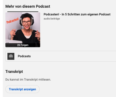 Podcast Transkript auf YouTube, Screenshot