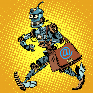 Pop-Art Brieftraeger Roboter mit Posttasche